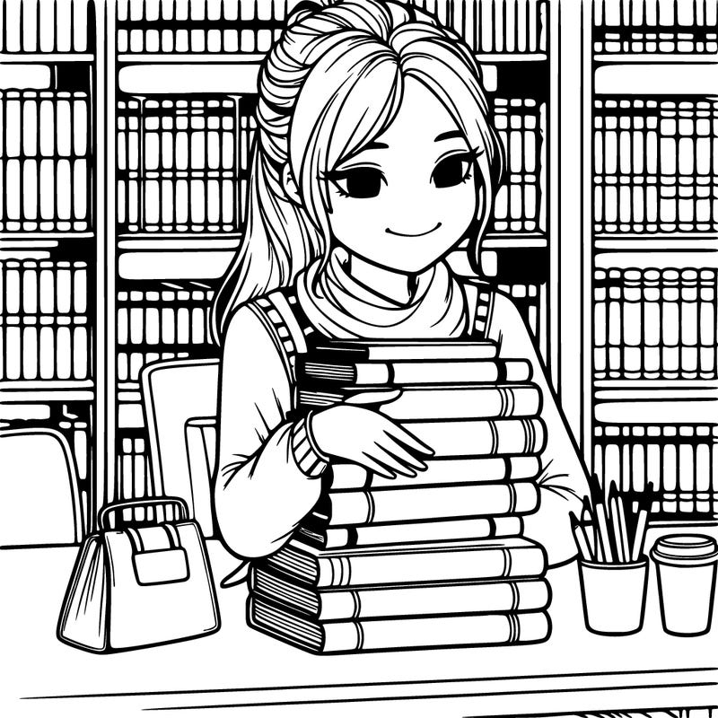 realistic girl reading lots of books in a library