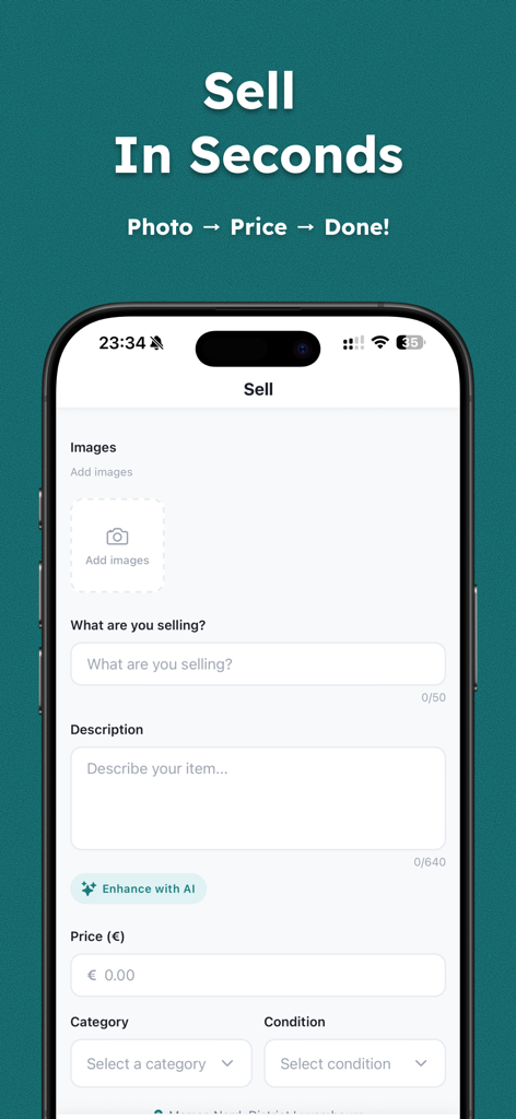 La pantalla de venta de la aplicación marketplace Fliply con descripciones de productos mejoradas por IA
