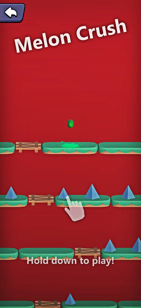Fun Mini Games: No WiFi - Tela de jogabilidade de Melon Crush mostrando um melão caindo por níveis de plataformas e espinhos.