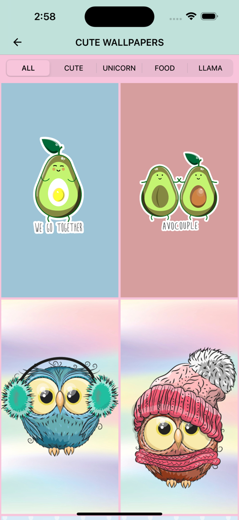 Cute Wallpapers Background - Interface of the Cute Wallpapers Background app displaying a gallery of kawaii avocado and owl illustrations