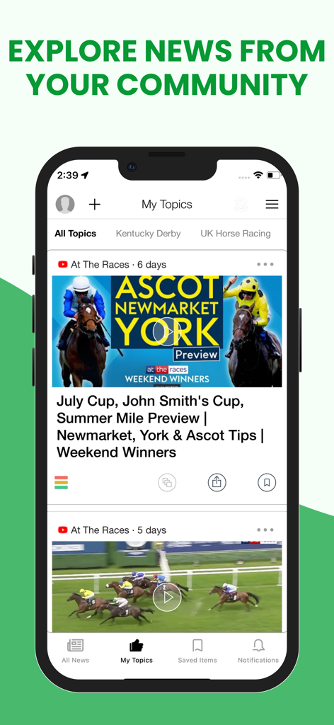 Horse Racing Derby News & Tips - Interfaz de la aplicación Horse Racing Derby News and Tips que muestra un feed de noticias personalizado de eventos de carreras.
