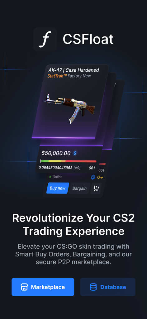 CSFloat mobile app showing a high-value AK-47 skin for sale in a CS2 trading marketplace