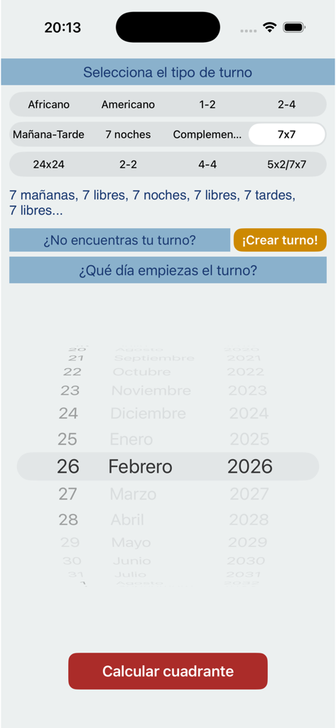Turnos Trabajo - Selecting work shift patterns and start date in Turnos Trabajo app