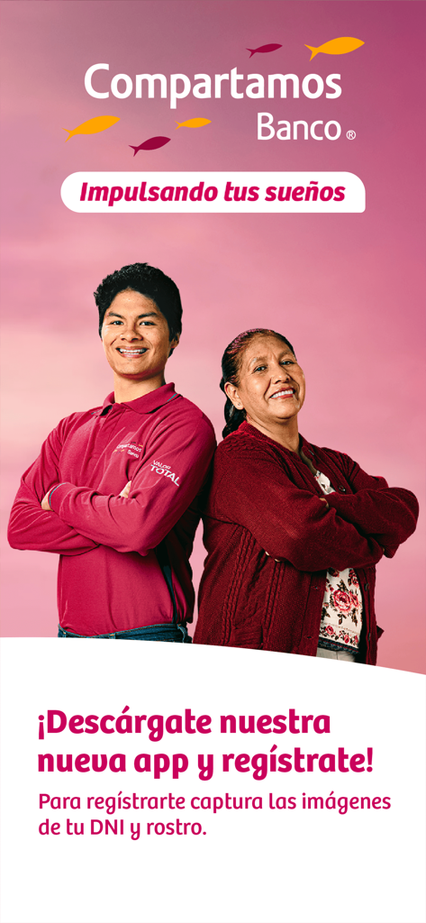 Promotional image for Compartamos App registration featuring two smiling individuals and the banking logo