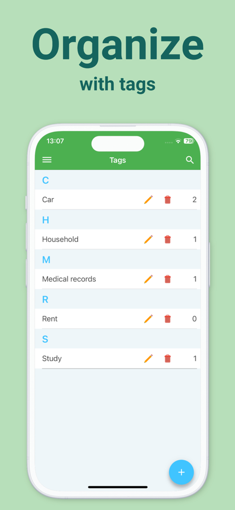 A mobile screen showing organized document tags in the Docutain app