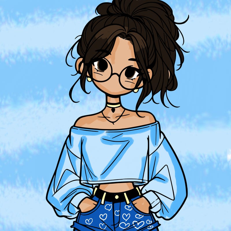 girl with a messy ponytail glasses a baggy crop top and jean shorts