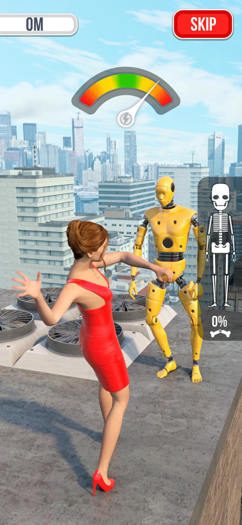 Falling Art Ragdoll Simulator - A woman in a red dress and a yellow crash test dummy on a city rooftop with a physics power meter