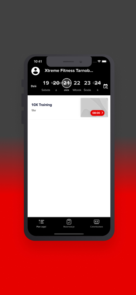 Xtreme Fitness Gyms - Xtreme Fitness Gyms app interface showing a 10X Training class scheduled at 8 AM on a calendar view