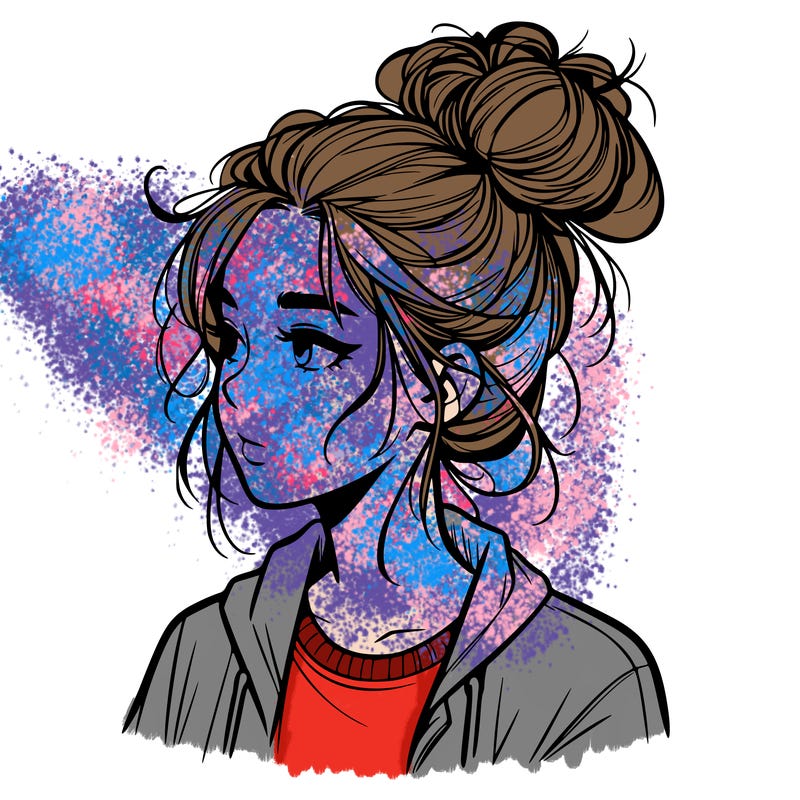 realistic teenage girl with a messy bun
