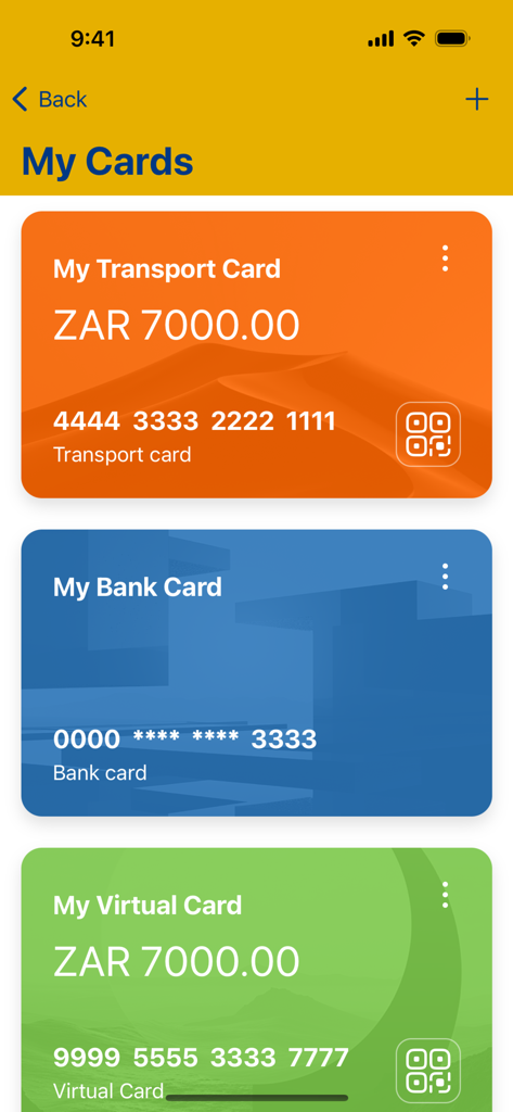 Rea Vaya - The My Cards screen of the Rea Vaya mobile app showing registered transport, bank, and virtual cards with their respective balances in South African Rand.