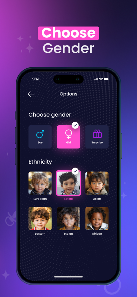 Baby Generator: AI Future Face - Mobile app interface for selecting baby gender and ethnicity in Baby Generator AI Future Face
