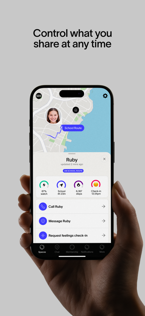 Spacetalk mobile app dashboard showing a child location on a map with watch battery life and step count statistics