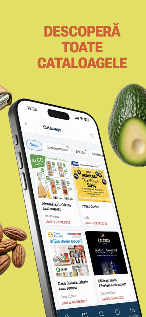 CROCO.md - Interfaz de la aplicación móvil CROCO.md que muestra varios catálogos de tiendas minoristas y descuentos en artículos para el hogar.