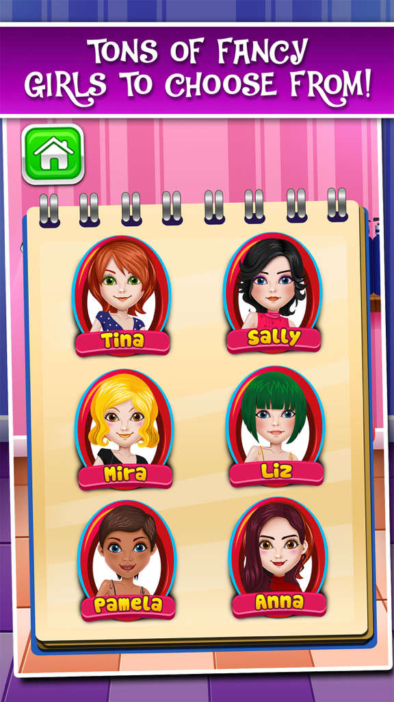 High School Prom Salon: Spa, Makeover, and Make-Up Beauty Game for Little Kids (Boys & Girls) - Character selection screen featuring six different girl avatars for the high school prom makeover game