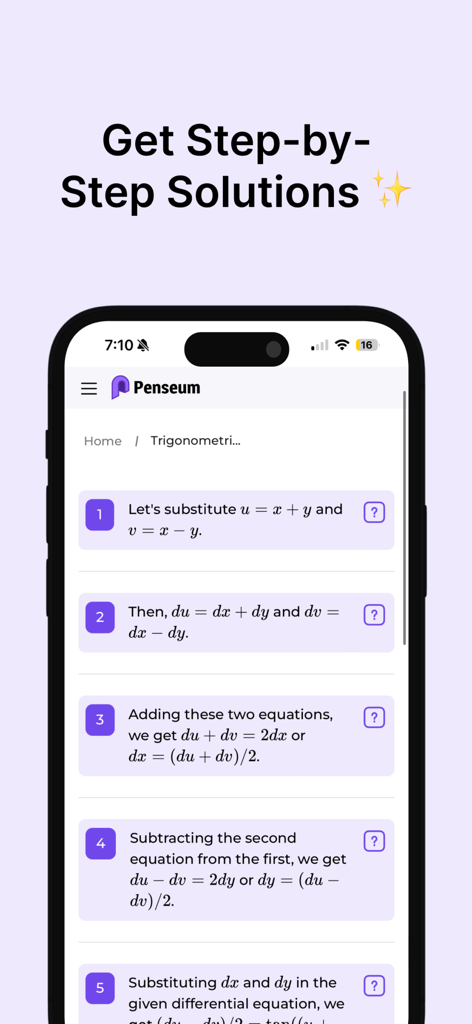 Penseum app interface displaying sequential steps for solving a complex math equation