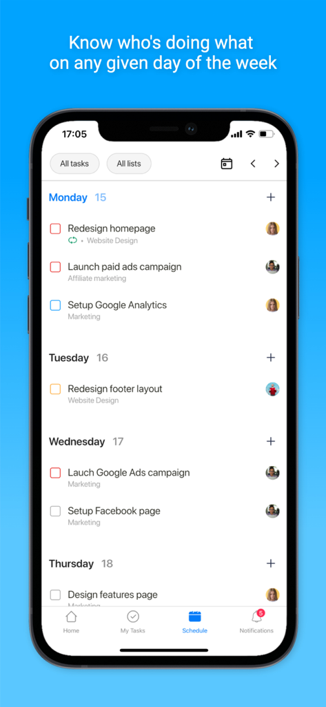Upbase - Weekly schedule view in the Upbase app showing daily tasks and team assignments