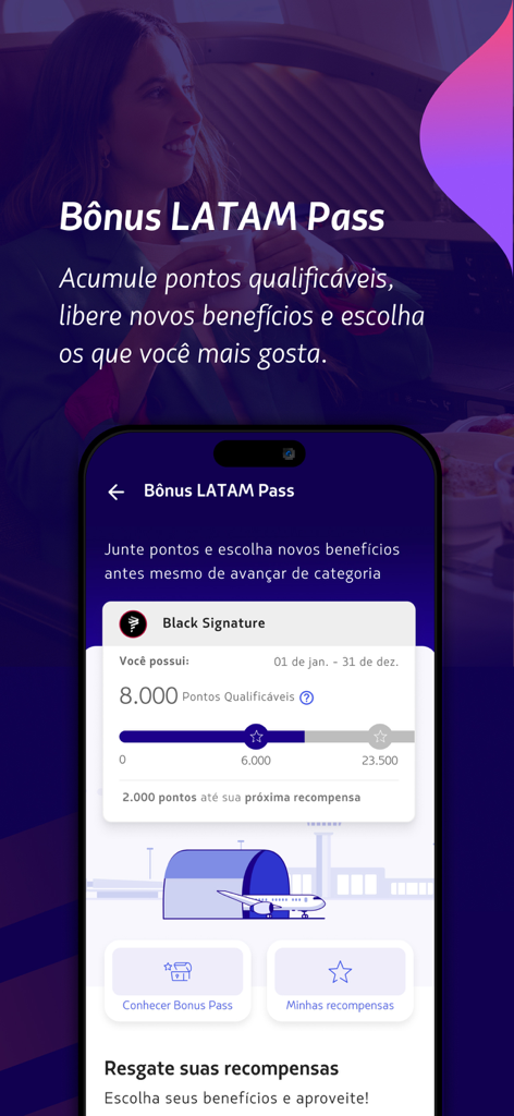 Oberfläche der LATAM Pass Mobile App, die qualifizierende Punkte und den Fortschritt der Prämien für die Elite-Kategorie Black Signature zeigt