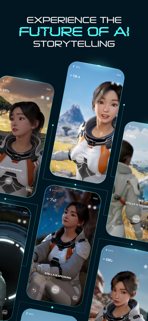 collage showing interactive ai storytelling and voice calls with an astronaut character named stella