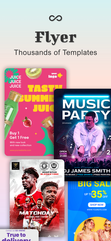 Poster Maker - Flyer Maker Ads - Display of various flyer templates including music party summer juice and sports events in the poster maker app