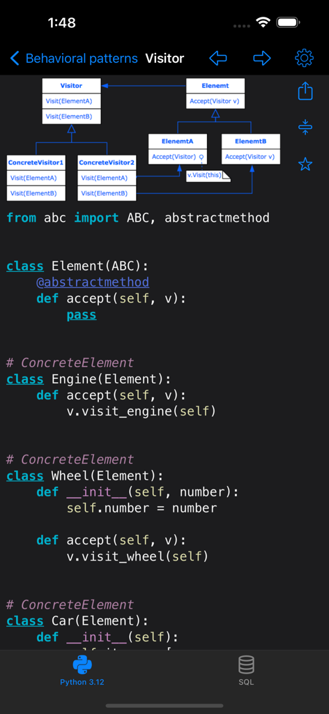 Python & SQL - UML diagram and Python code example illustrating the Visitor behavioral design pattern