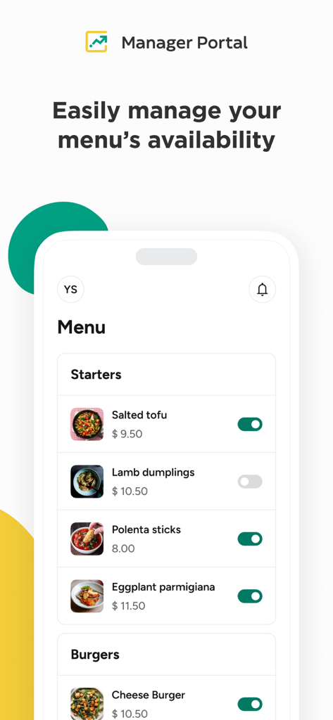 Glovo Manager Portal - Glovo Manager Portalのモバイルインターフェイス。アイテムの利用可能性トグル付きのレストランメニューが表示されています。