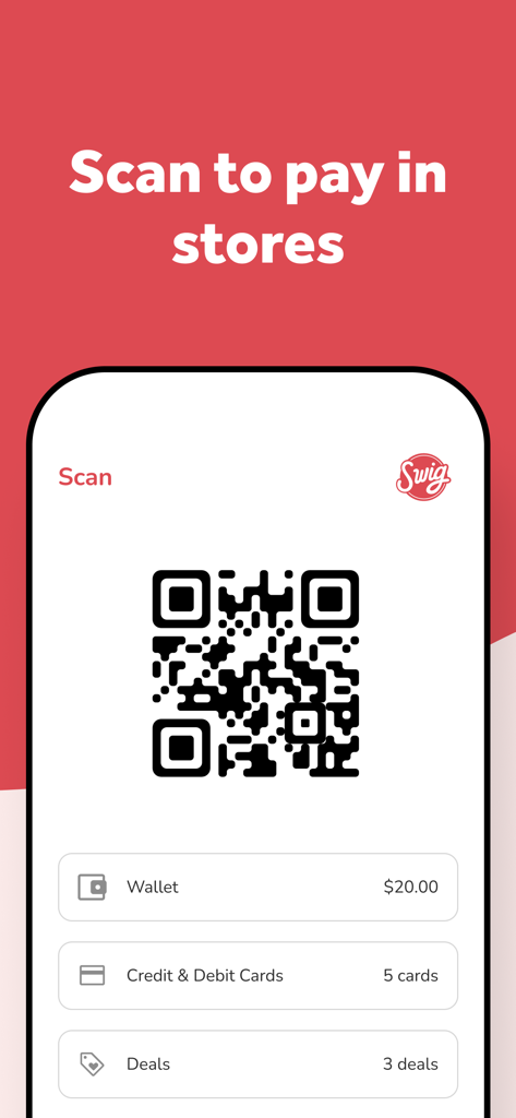 Mobile screen of the Swig app showing a QR code for in-store payments with wallet and deals overview