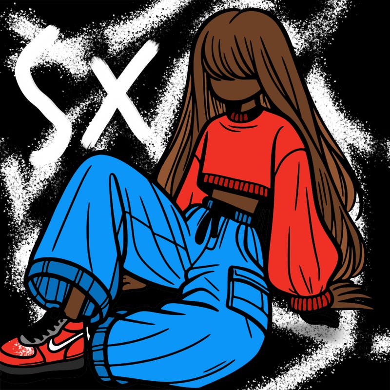 a girl with baggy pants and a crop top with long hair