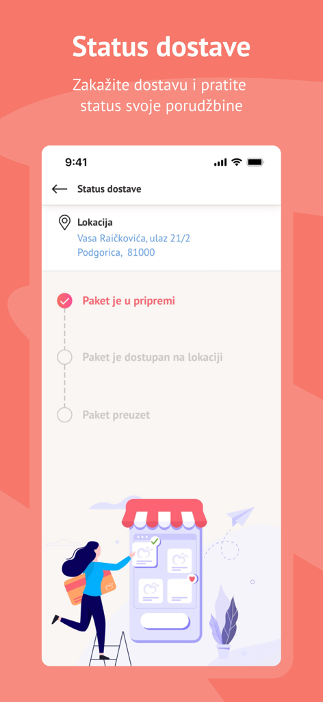 Cosmetics BF - Mobile app screen showing order delivery status with a progress tracker and location details.
