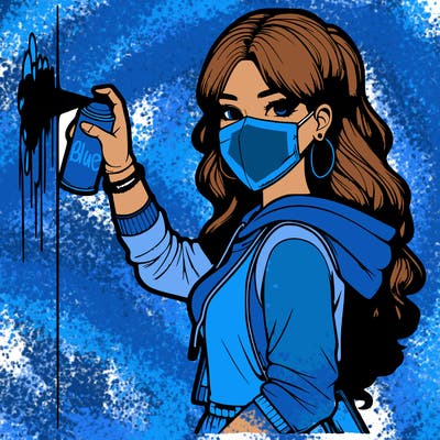 realistic girl with mask spray painting a wall