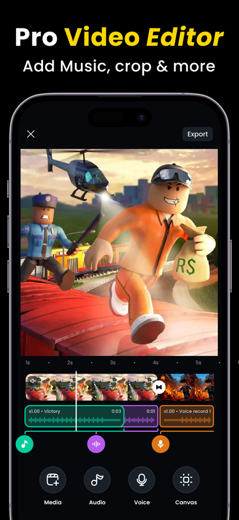 Live Recorder: Record Screen - Interface of the pro video editor within the Live Recorder app showing a video timeline and editing tools for mobile gameplay