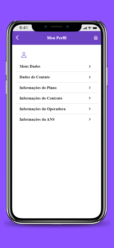 Odonto System - Tela de perfil do aplicativo Odonto System exibindo opções de menu para dados do usuário e informações do plano odontológico.