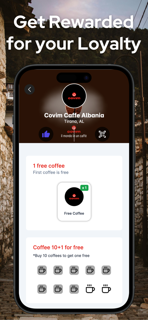 알바니아의 커피숍에 대한 로열티 보상 및 디지털 스탬프 카드를 보여주는 Patoko 앱 인터페이스