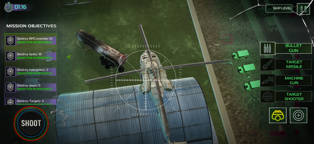 Drone Attack: War Drone Games - Captura de pantalla del juego de Drone Attack que muestra objetivos de misión de combate aéreo y retícula de puntería.