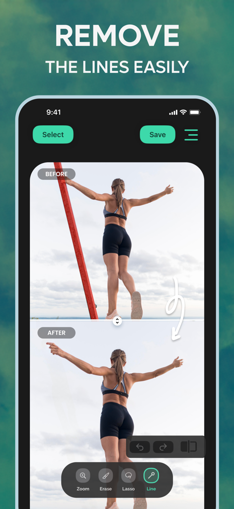 Remove Objects, Photo Eraser - Confronto prima e dopo che mostra la rimozione di un palo rosso da una foto utilizzando un'app Photo Eraser IA.