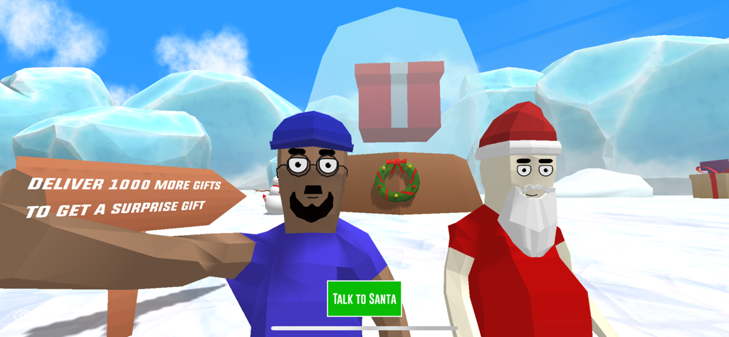 Dude Theft Wars FPS Open World - Jugabilidad de Dude Theft Wars mostrando a un personaje y a Papá Noel en un mundo nevado con una misión de entrega de regalos.
