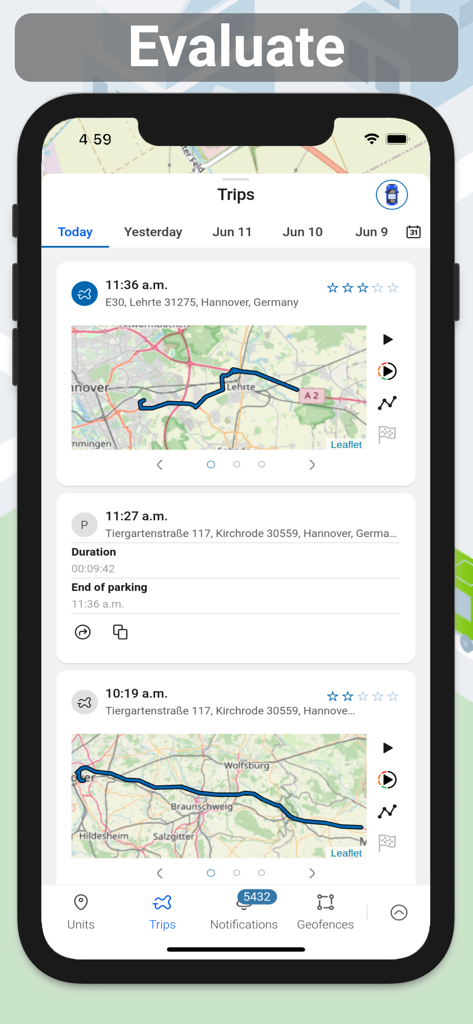 Forguard - Security app - Forguard security app displaying a list of recent vehicle trips with map routes and location details