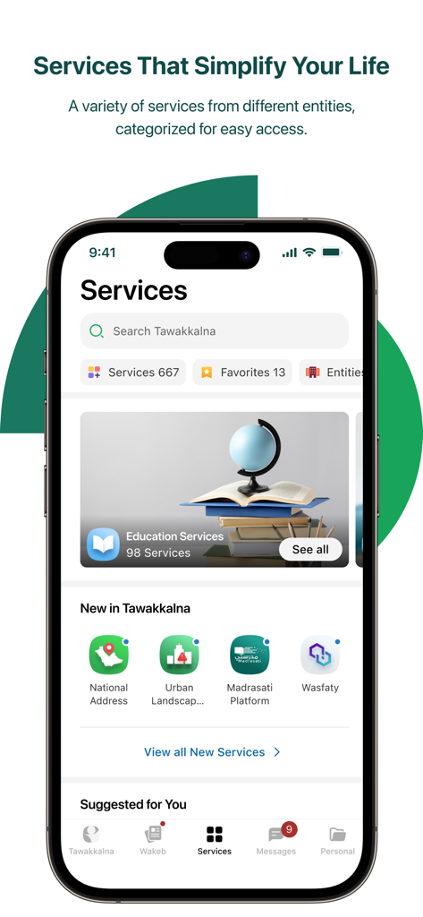 Tawakkalna App-Oberfläche mit Symbolen für Bildungsdienste und nationale Adressen