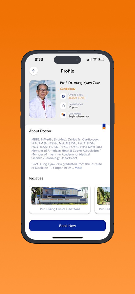 heal by Pun Hlaing - Pun Hlaingのhealアプリの循環器科医の医師プロフィールページ。資格情報と「今すぐ予約」ボタンが表示されています。