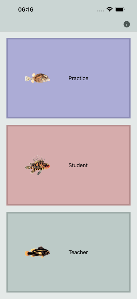 Main screen of the ThatQuiz app featuring options for Practice, Student, and Teacher modes.