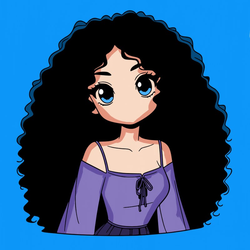 a black anime girl with long afro hair