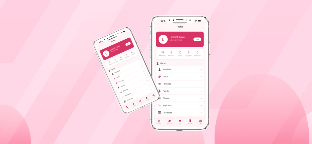 L0ver1 - The user profile screen of the L0ver1 app displaying cosmetic formulation statistics and a menu of features.