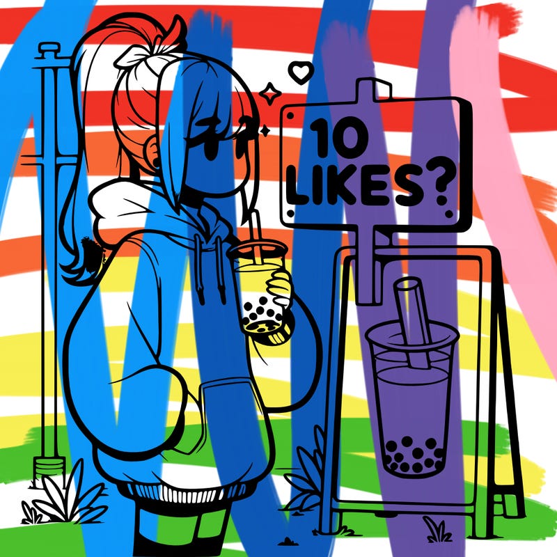 girl with oversized hoodie drinking boba and she has a high ponytail with a sign that says 10likes?