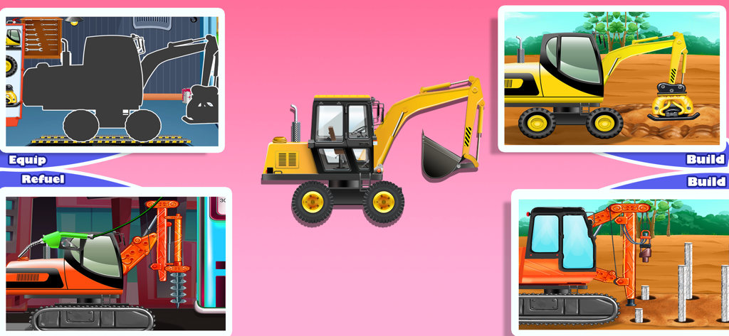 Collage of kids construction game features including truck assembly fueling and building tasks