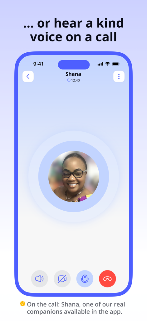 NewCircle: Talk & Support - Interface of the NewCircle app during a voice call with a friendly human companion