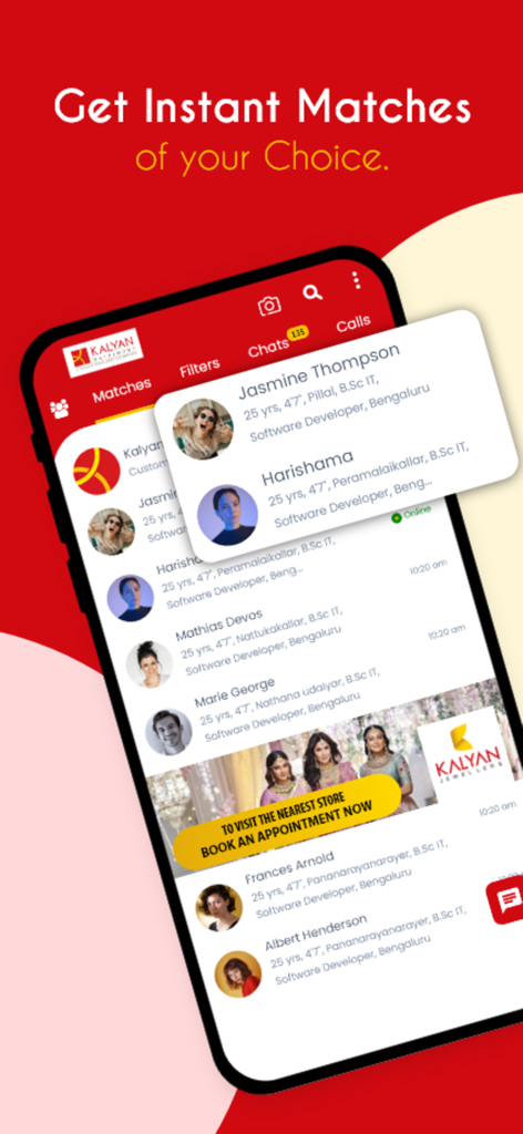 Kalyan Matrimony® Marriage App - Kalyan Matrimony app matches screen showing profile cards of potential life partners.