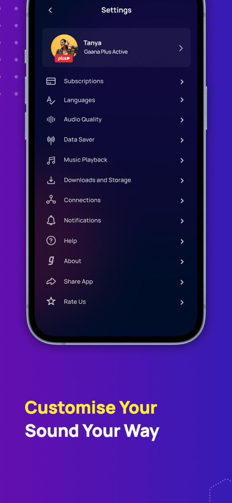 Settings screen of Gaana Music app with options for audio quality and language customization