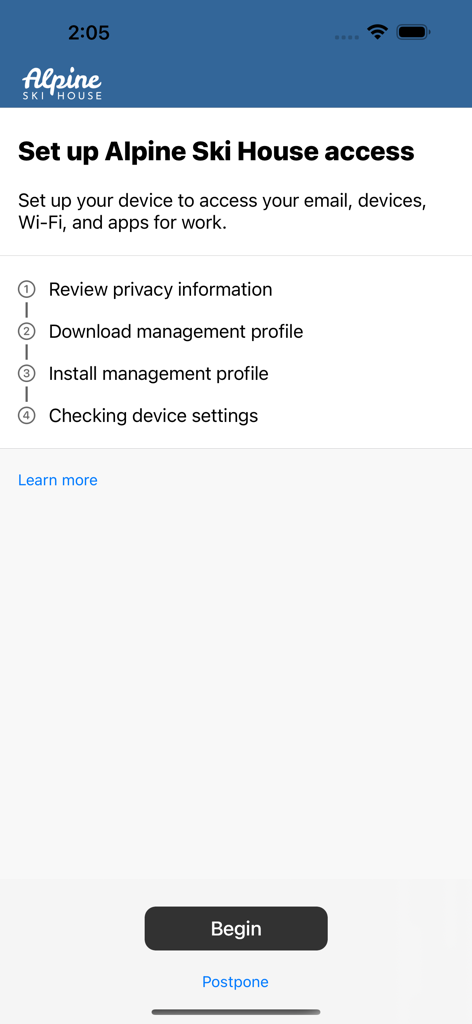 Tela de registro do Microsoft Intune Company Portal listando as etapas de configuração do dispositivo para acesso corporativo