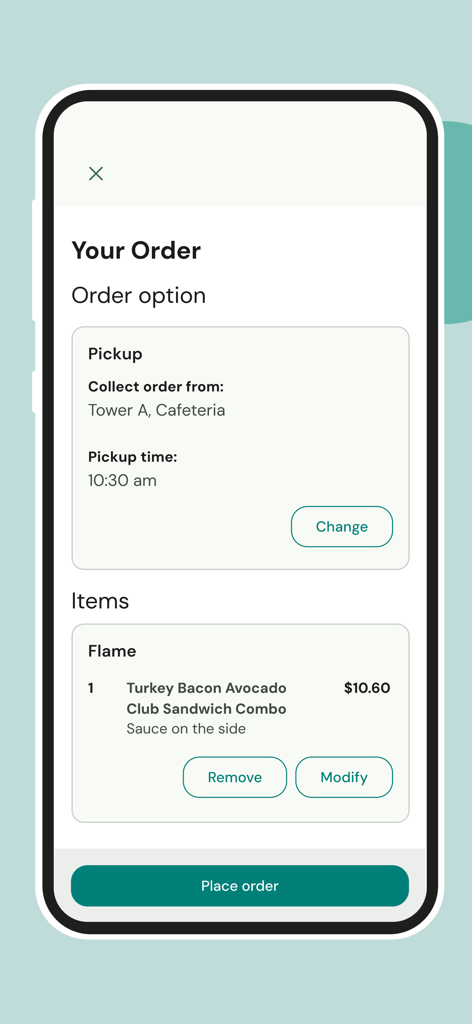 Boost: Mobile Food Ordering - Pantalla de resumen del pedido en la aplicación Boost que muestra un pedido de combo de comida con detalles de recogida en una cafetería del campus.
