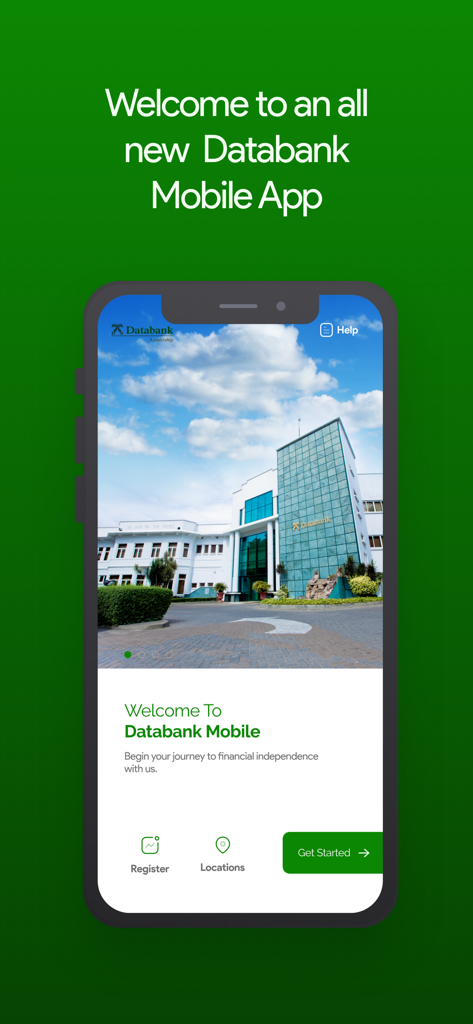 Welcome screen of the Databank Group mobile investment app