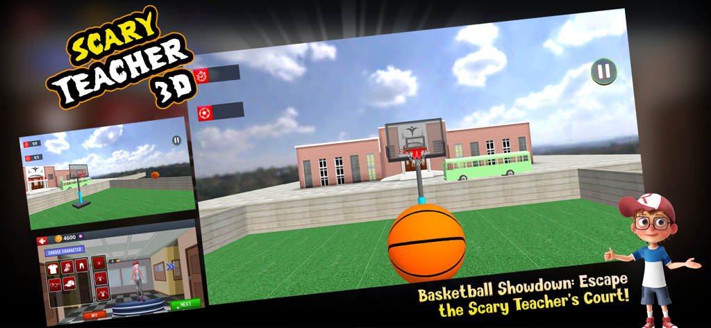 Scary Teacher: Escape Game 3D - A cartoon boy stands on a basketball court in front of a school building in the Scary Teacher 3D mobile game.